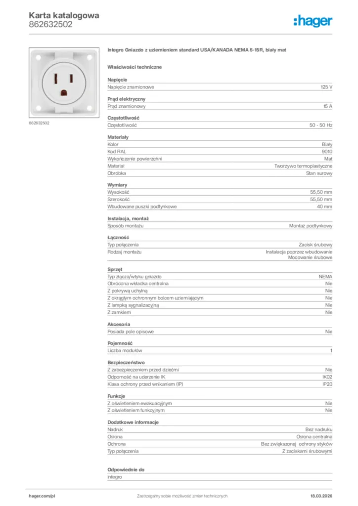 Zdjęcie Hager Karta katalogowa 862632502 | Hager Polska