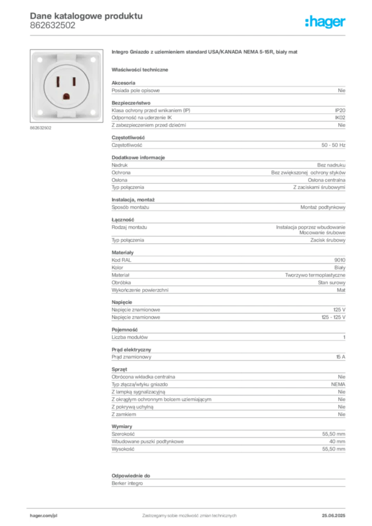 Zdjęcie Hager Dane katalogowe produktu 862632502 | Hager Polska