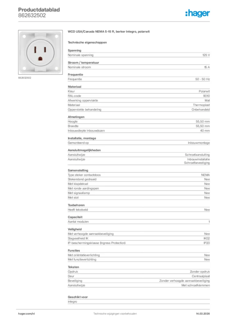 Afbeelding Hager Productdatablad 862632502 | Hager Nederland