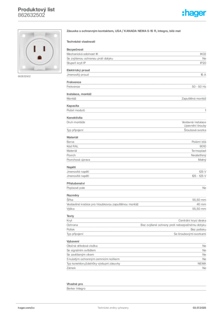 Obrázek Hager Produktový list 862632502 | Hager