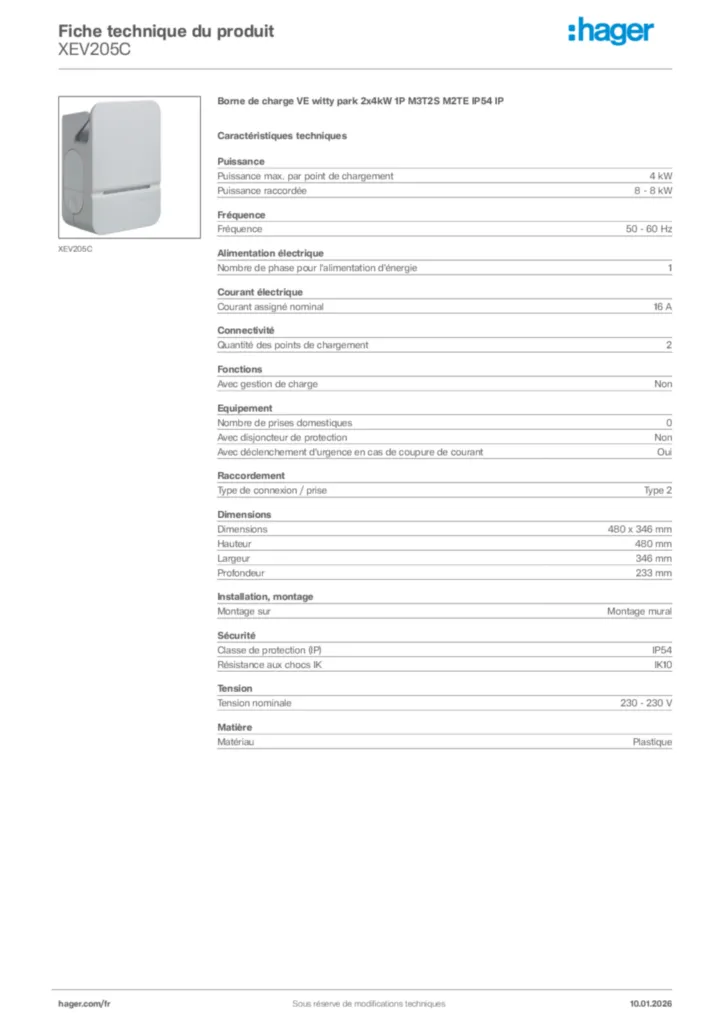 Image Hager Fiche technique du produit XEV205C | Hager France