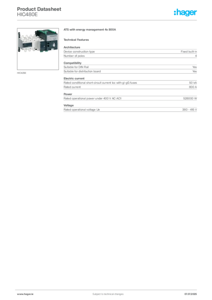 Image Hager Product data sheet HIC480E  | Hager