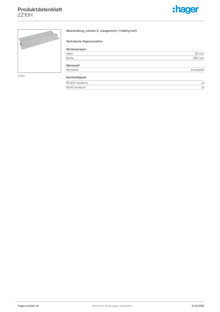 Bild Hager Produktdatenblatt ZZ10H | Hager Schweiz