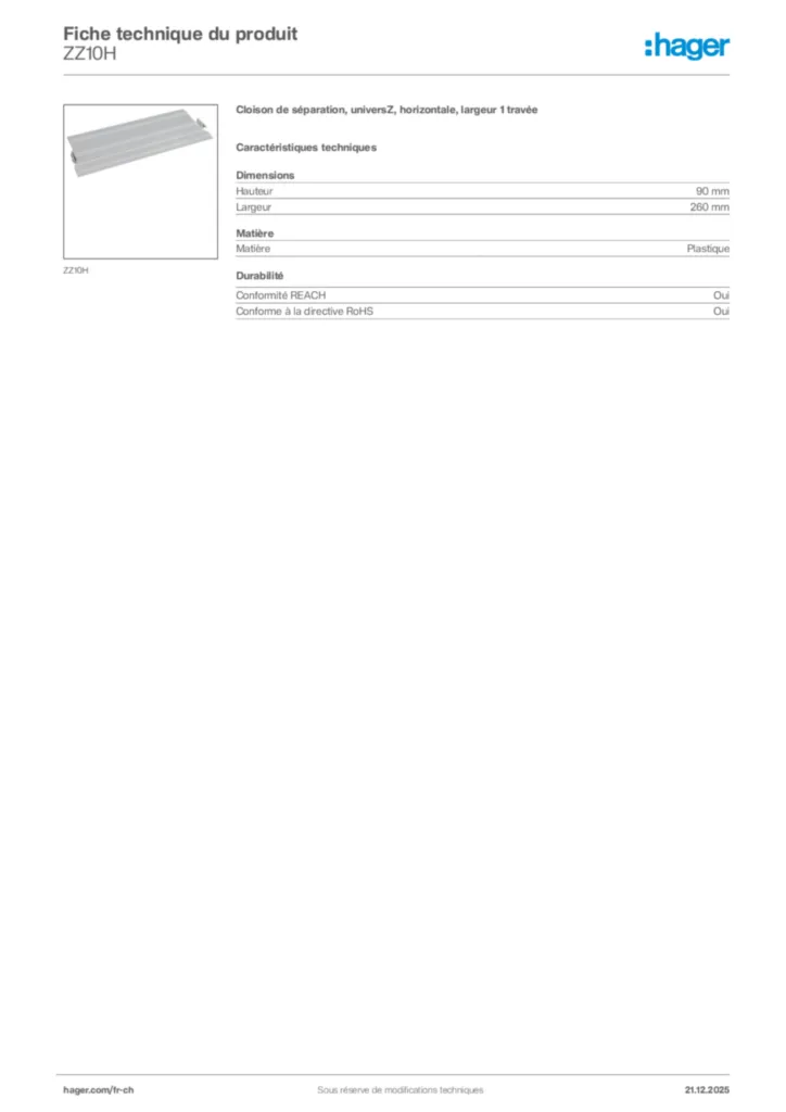 Image Hager Fiche technique du produit ZZ10H | Hager Suisse