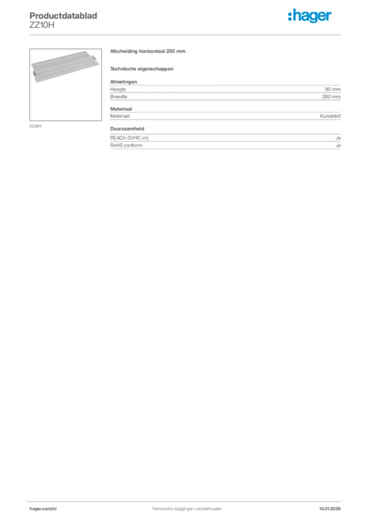 Afbeelding Hager Productdatablad ZZ10H | Hager Nederland
