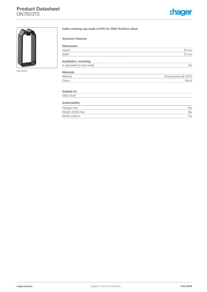 Image Hager Product data sheet DN750373  | Hager Australia