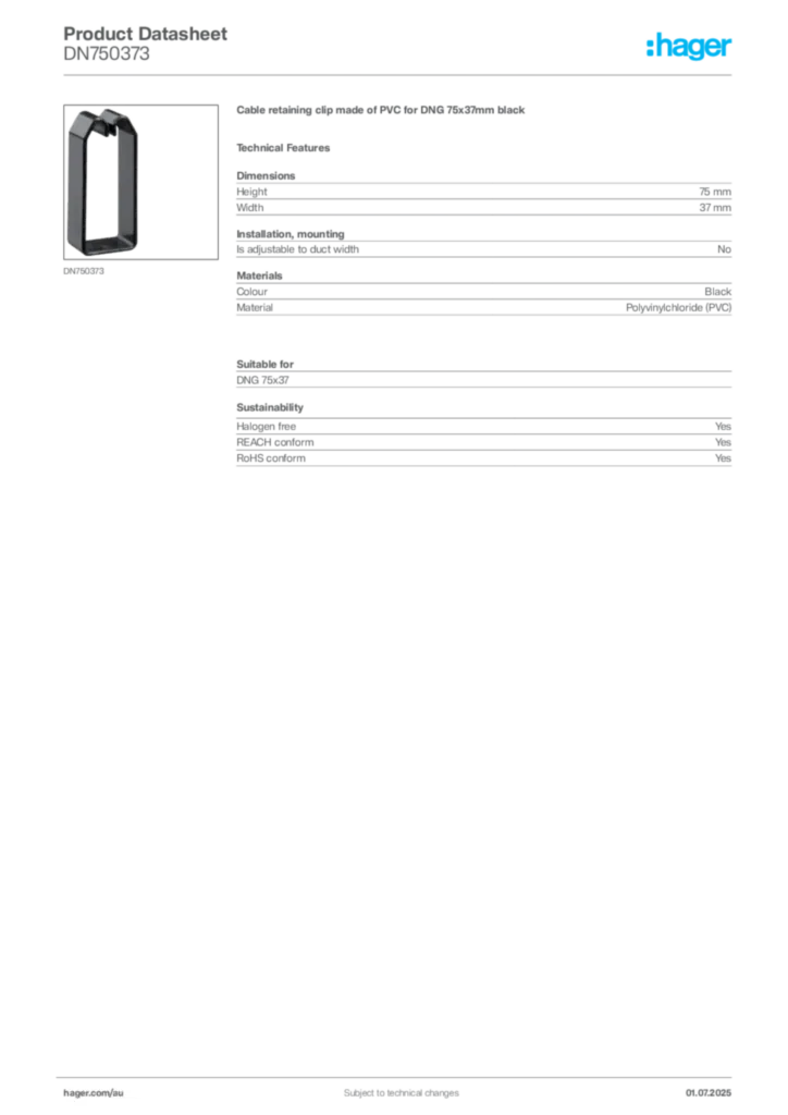 Image Hager Product data sheet DN750373  | Hager Australia