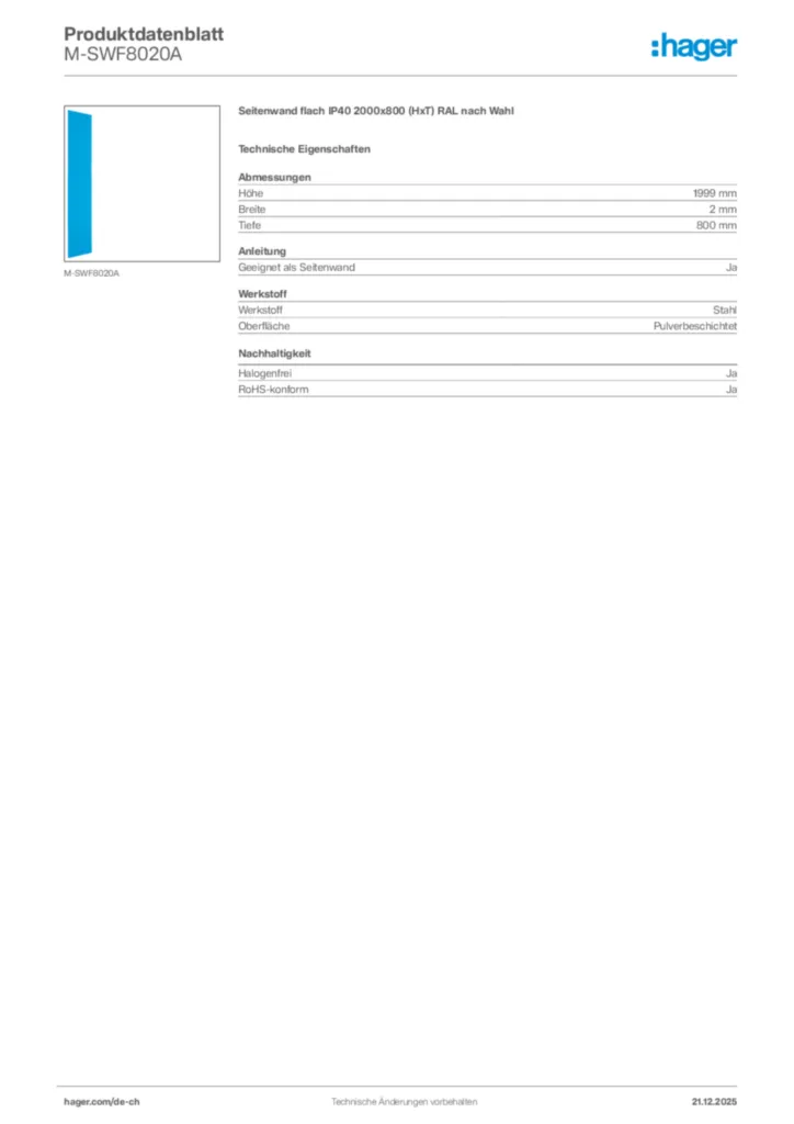 Bild Hager Produktdatenblatt M-SWF8020A | Hager Schweiz