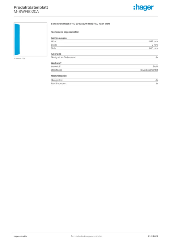 Bild Hager Produktdatenblatt M-SWF6020A | Hager Deutschland