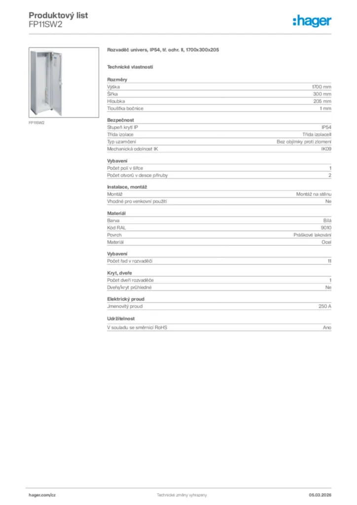 Obrázek Hager Product data sheet FP11SW2 | Hager