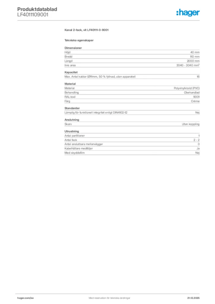 Bild Hager Produktdatablad LF4011109001 | Hager Sverige