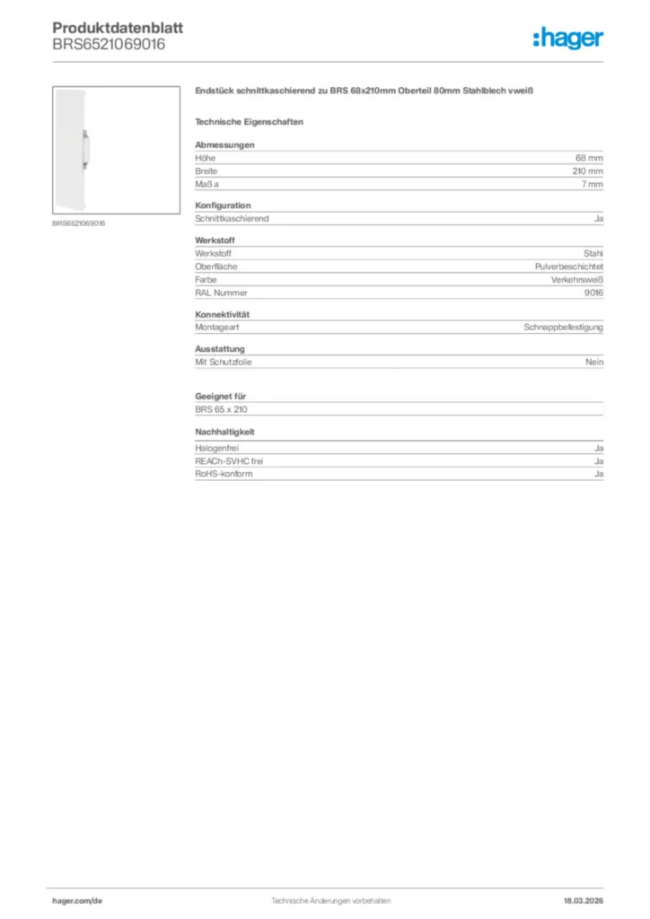Bild Hager Produktdatenblatt BRS6521069016 | Hager Deutschland