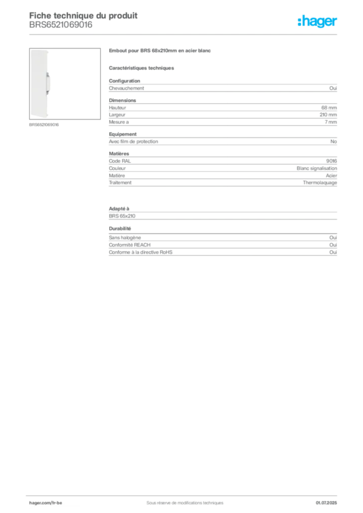Image Hager Fiche technique du produit BRS6521069016 | Hager Belgique