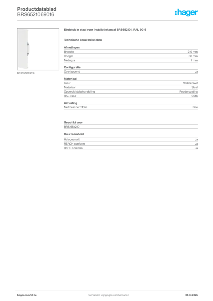 Afbeelding Hager Productdatablad BRS6521069016 | Hager Belgium