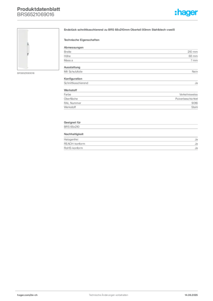 Bild Hager Produktdatenblatt BRS6521069016 | Hager Schweiz