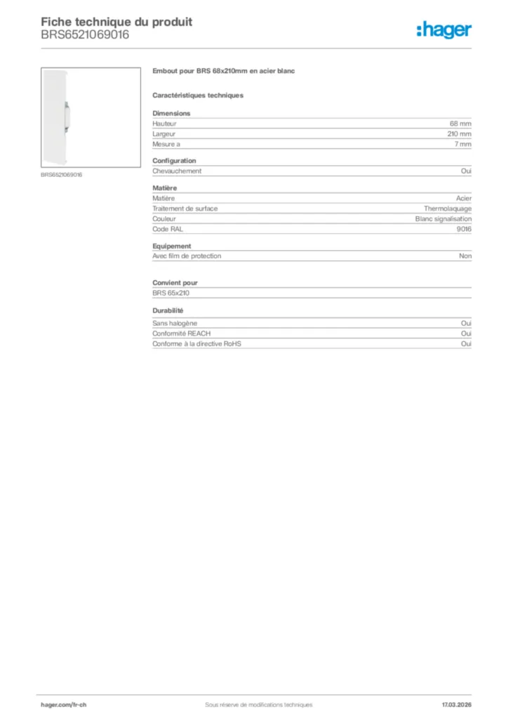 Image Hager Fiche technique du produit BRS6521069016 | Hager Suisse
