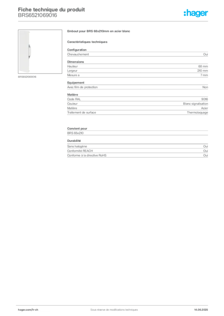 Image Hager Fiche technique du produit BRS6521069016 | Hager Suisse