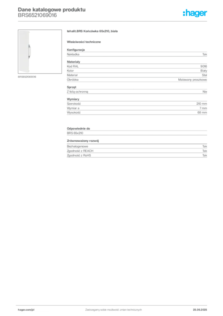 Zdjęcie Hager Dane katalogowe produktu BRS6521069016 | Hager Polska