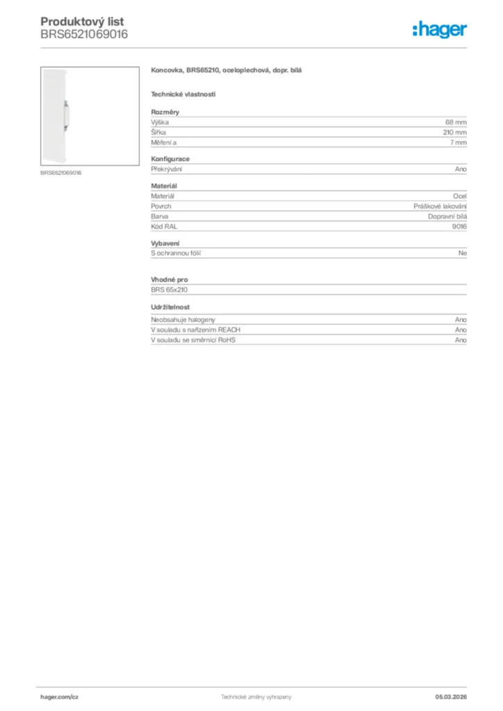Obrázek Hager Product data sheet BRS6521069016 | Hager