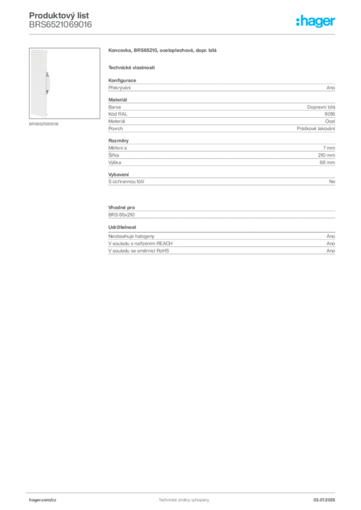 Obrázek Hager Produktový list BRS6521069016 | Hager