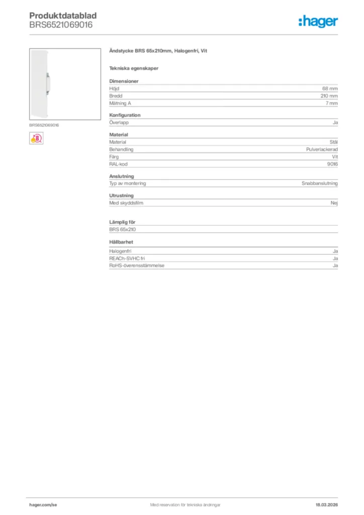 Bild Hager Produktdatablad BRS6521069016 | Hager Sverige