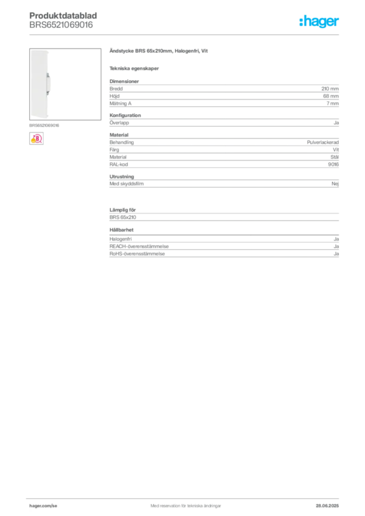 Bild Hager Produktdatablad BRS6521069016 | Hager Sverige