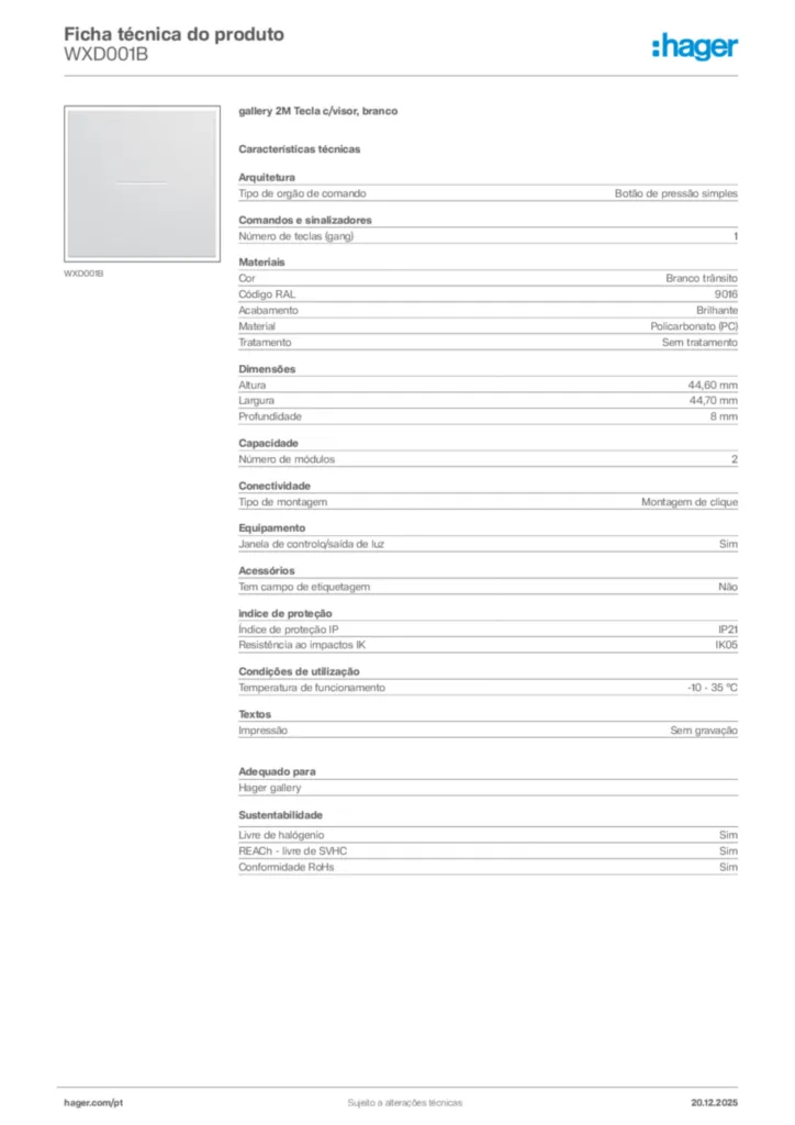 Imagem Hager Ficha técnica do produto WXD001B | Hager Portugal
