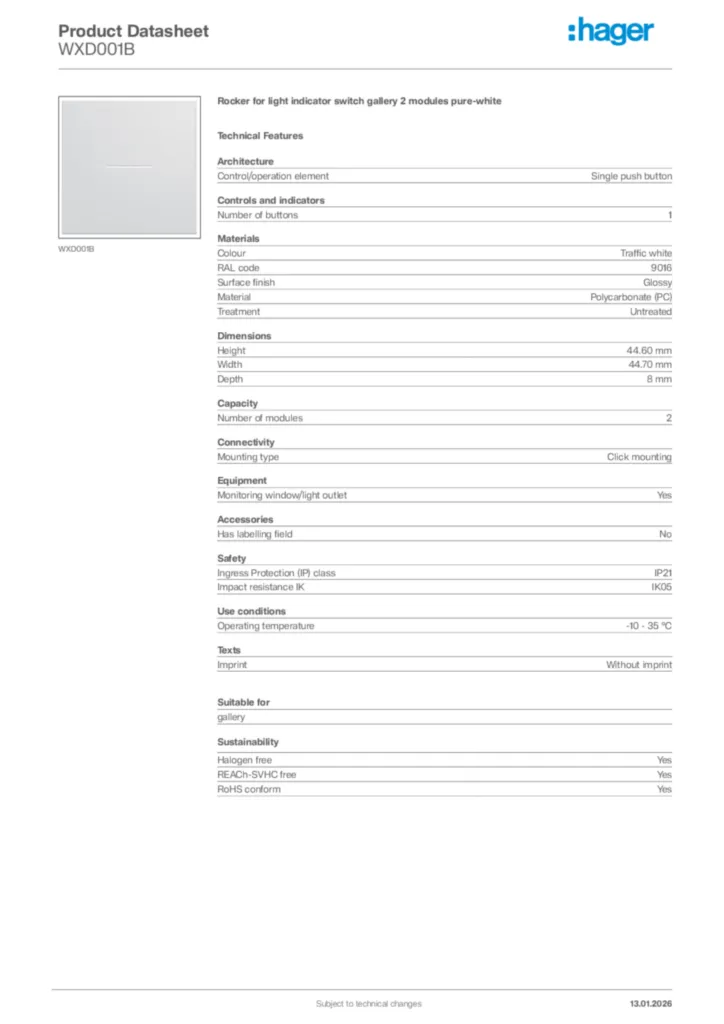 Image Hager Product data sheet WXD001B  | Hager