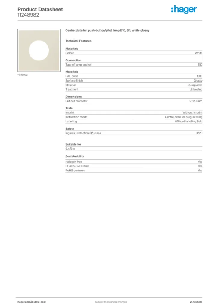 Image Hager Product data sheet 11248982  | Hager