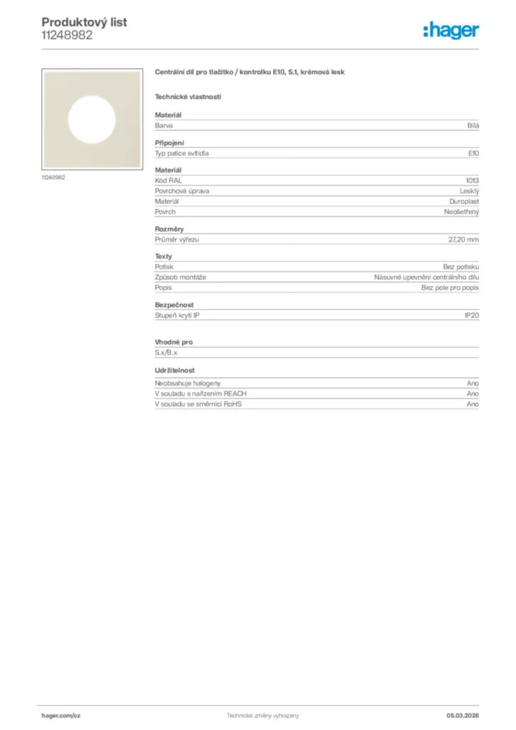 Obrázek Hager Product data sheet 11248982 | Hager