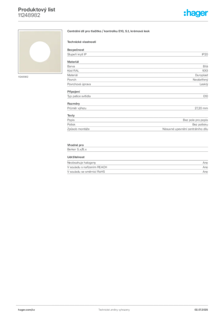 Obrázek Hager Produktový list 11248982 | Hager