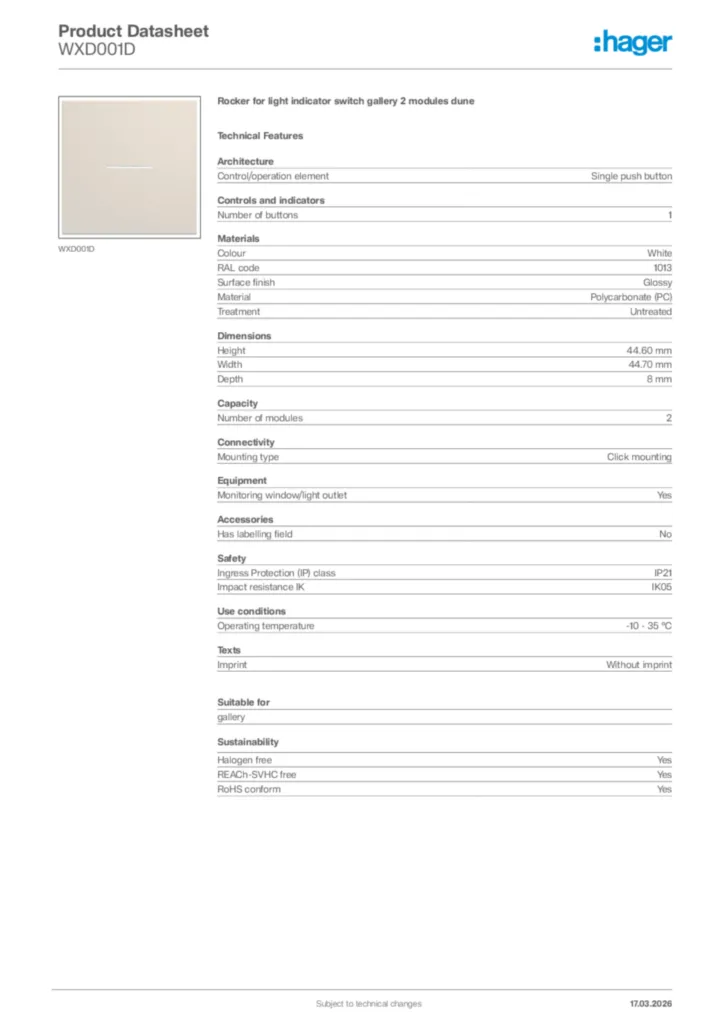 Image Hager Product data sheet WXD001D  | Hager Africa