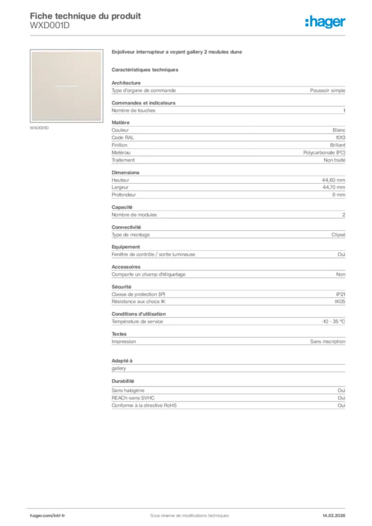 Image Hager Fiche technique du produit WXD001D | Hager Afrique