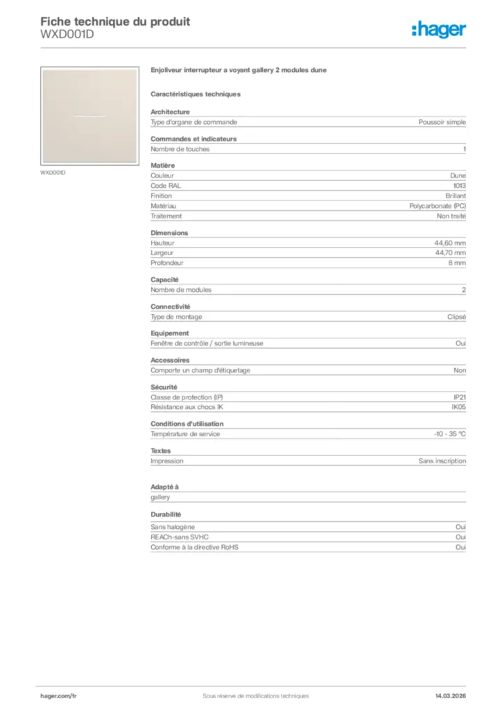 Image Hager Fiche technique du produit WXD001D | Hager France
