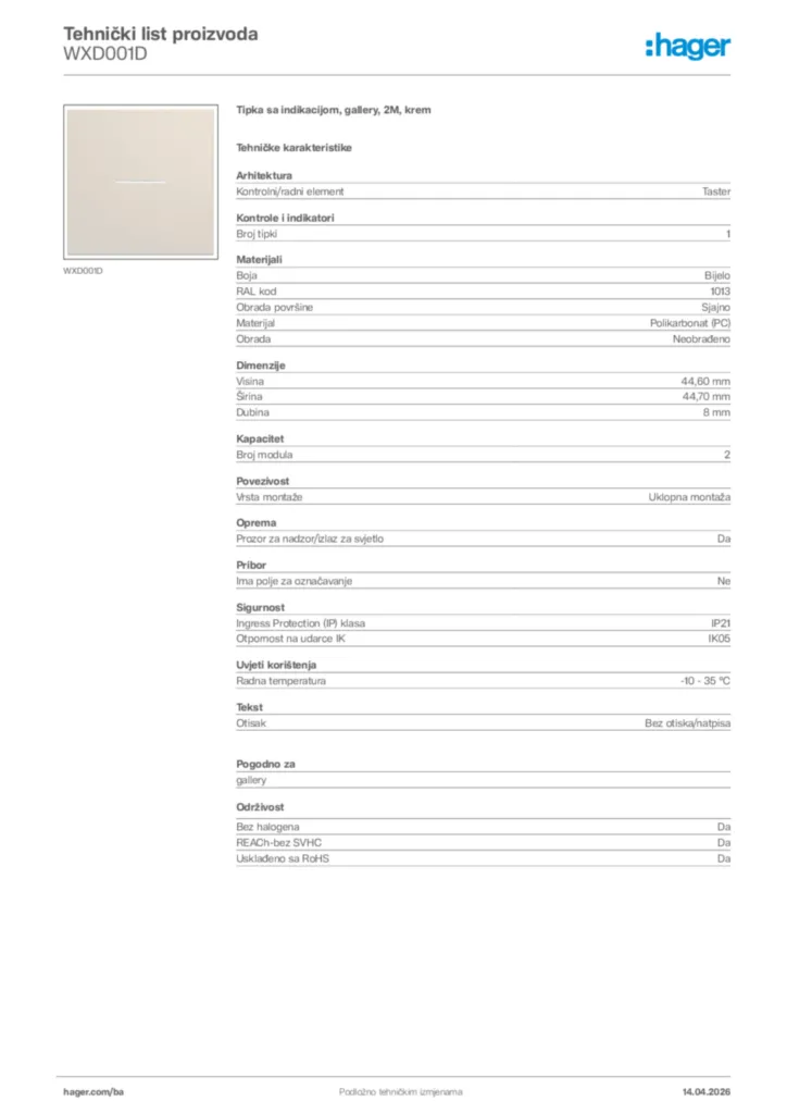 Slika Hager Tehnički list proizvoda WXD001D  | Hager