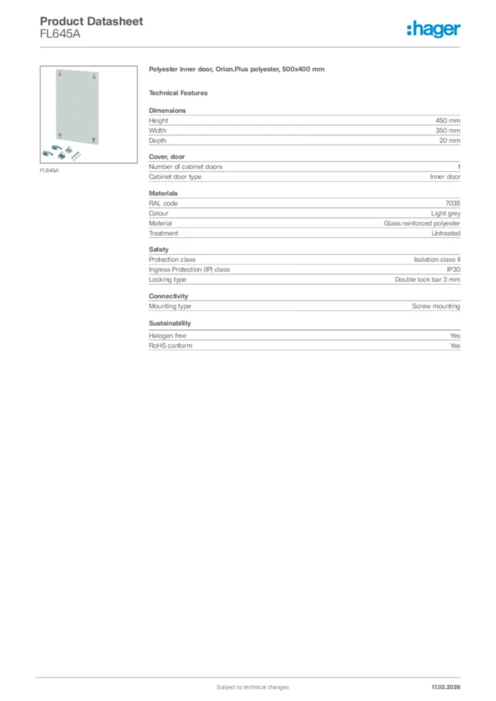 Image Hager Product data sheet FL645A  | Hager Africa