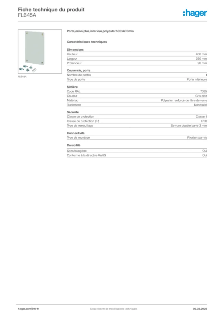 Image Hager Fiche technique du produit FL645A | Hager Afrique