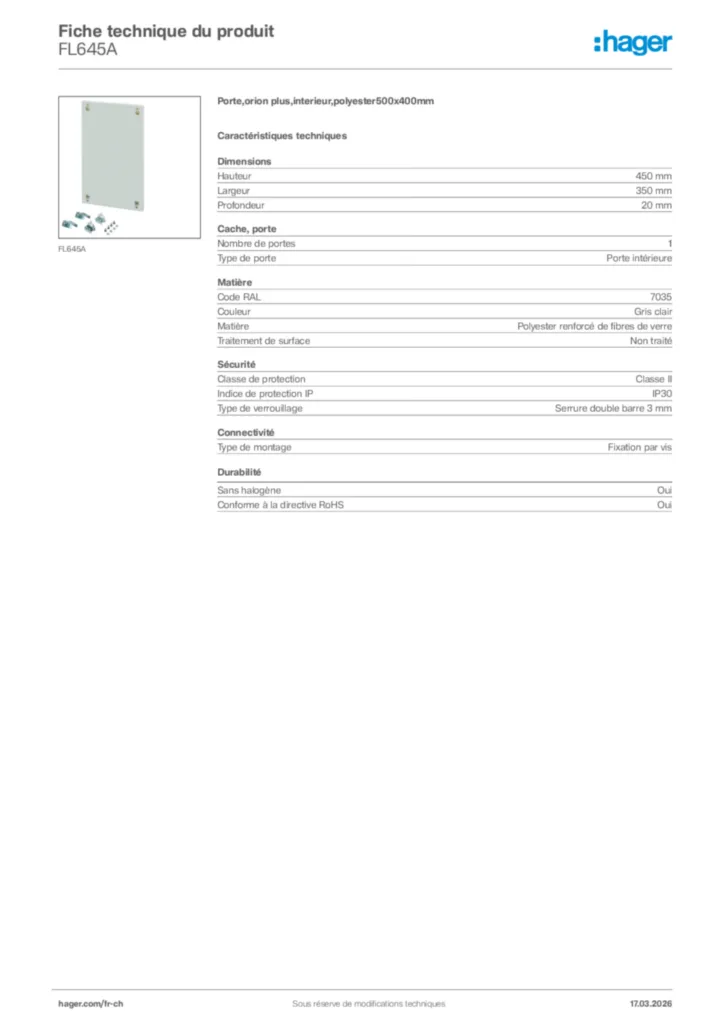 Image Hager Fiche technique du produit FL645A | Hager Suisse