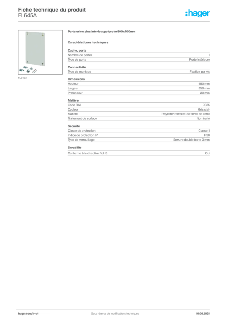 Image Hager Fiche technique du produit FL645A | Hager Suisse