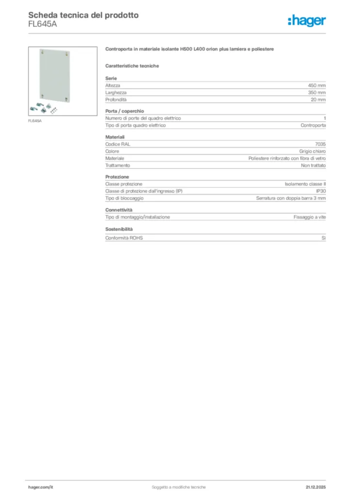 Immagine Hager Scheda tecnica del prodotto FL645A | Hager Italia