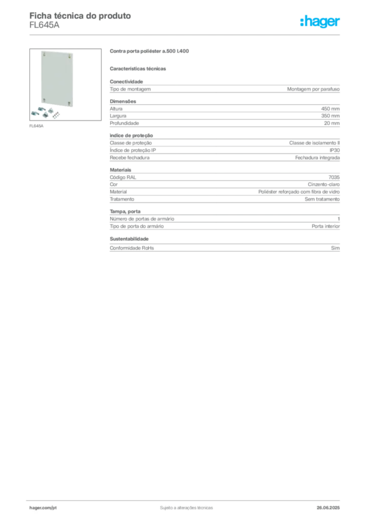 Imagem Hager Ficha técnica do produto FL645A | Hager Portugal