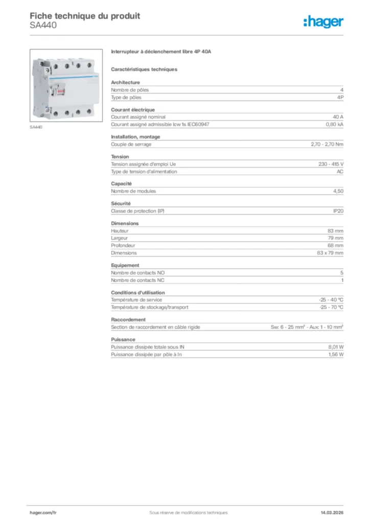 Image Hager Fiche technique du produit SA440 | Hager France