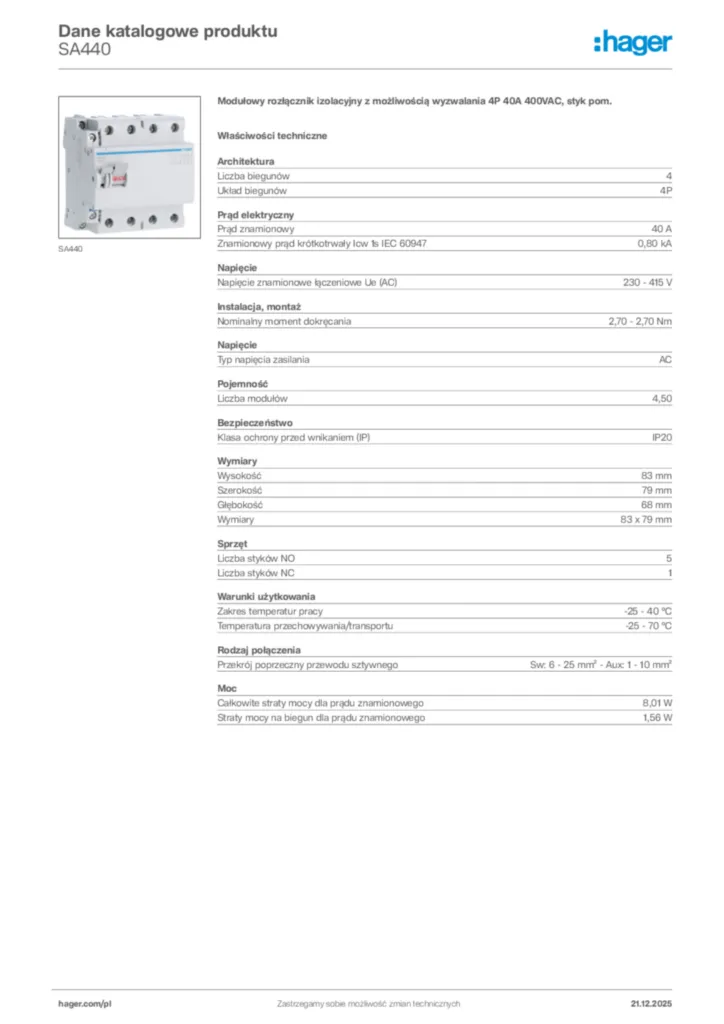 Zdjęcie Hager Dane katalogowe produktu SA440 | Hager Polska