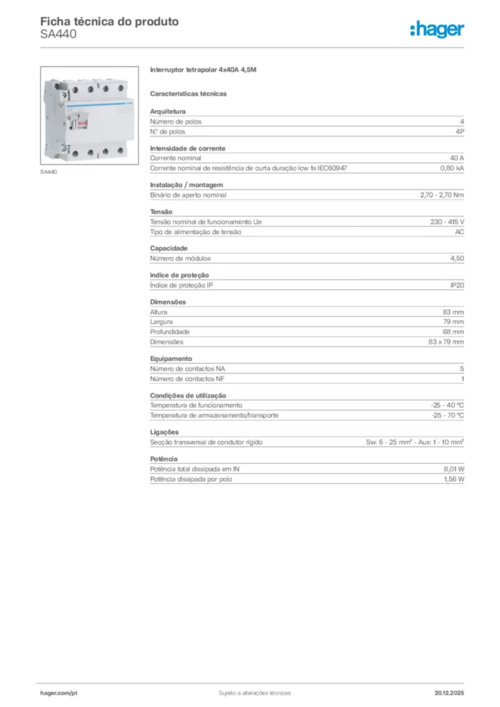 Imagem Hager Ficha técnica do produto SA440 | Hager Portugal