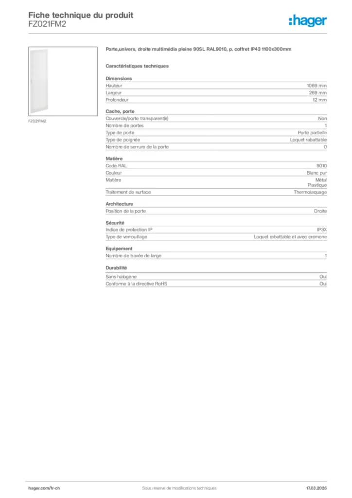 Image Hager Fiche technique du produit FZ021FM2 | Hager Suisse