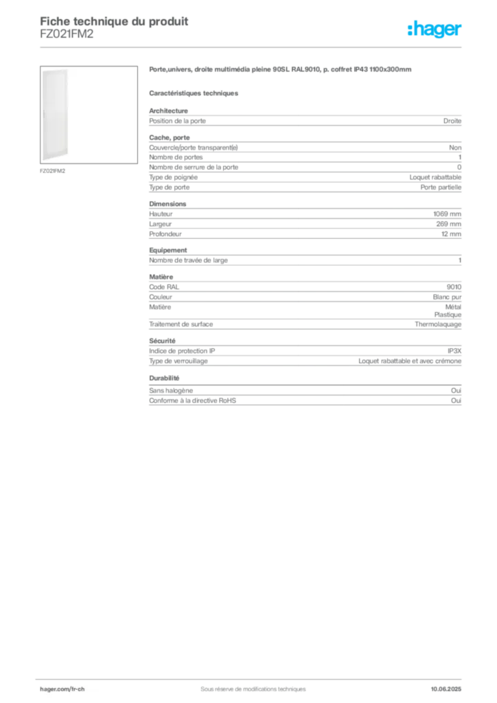 Image Hager Fiche technique du produit FZ021FM2 | Hager Suisse