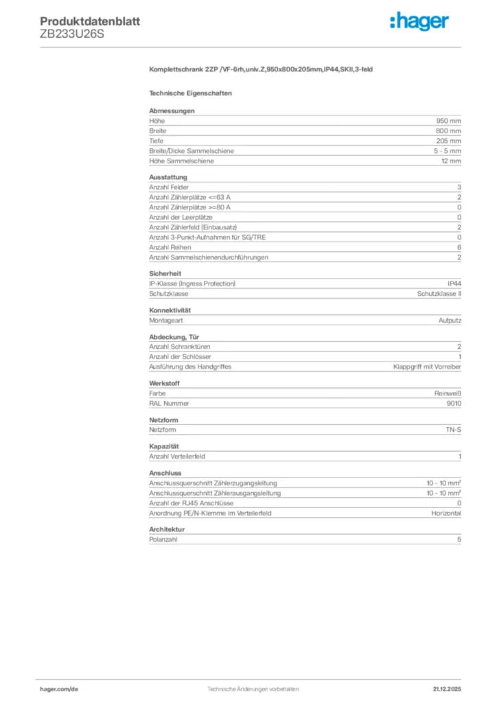 Bild Hager Produktdatenblatt ZB233U26S | Hager Deutschland
