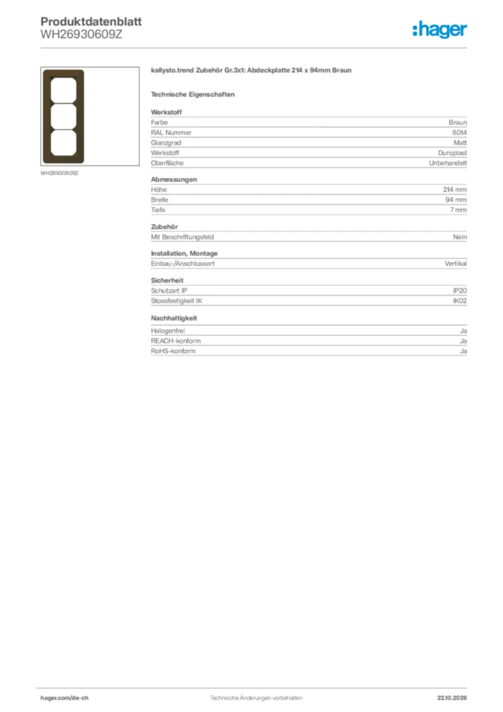 Bild Hager Produktdatenblatt WH26930609Z | Hager Schweiz