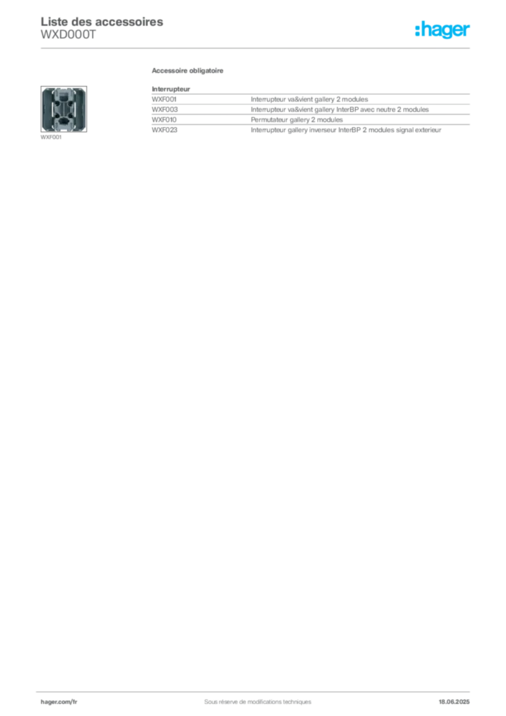 Image Hager Fiche technique du produit WXD000T | Hager France