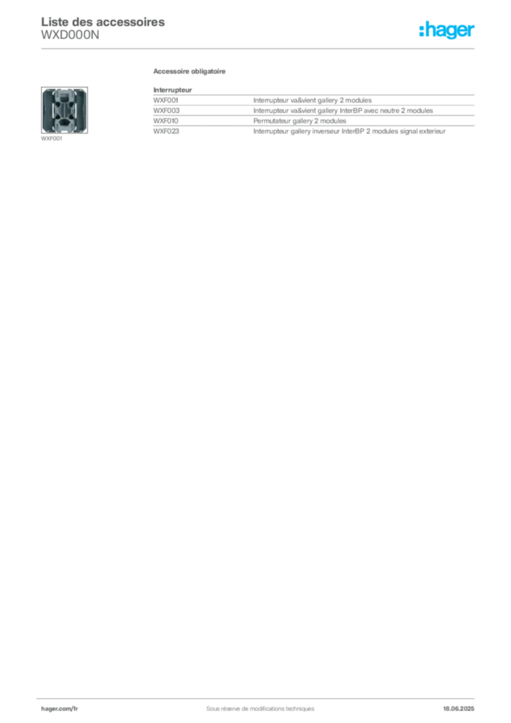 Image Hager Fiche technique du produit WXD000N | Hager France